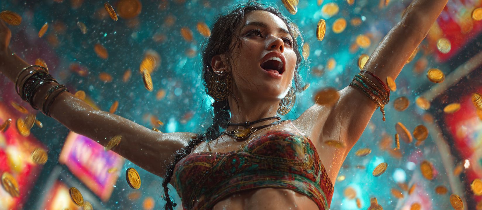 মুদ্রার ঝরনার মাঝে 299bet এর রঙিন পোশাকে এক নারী